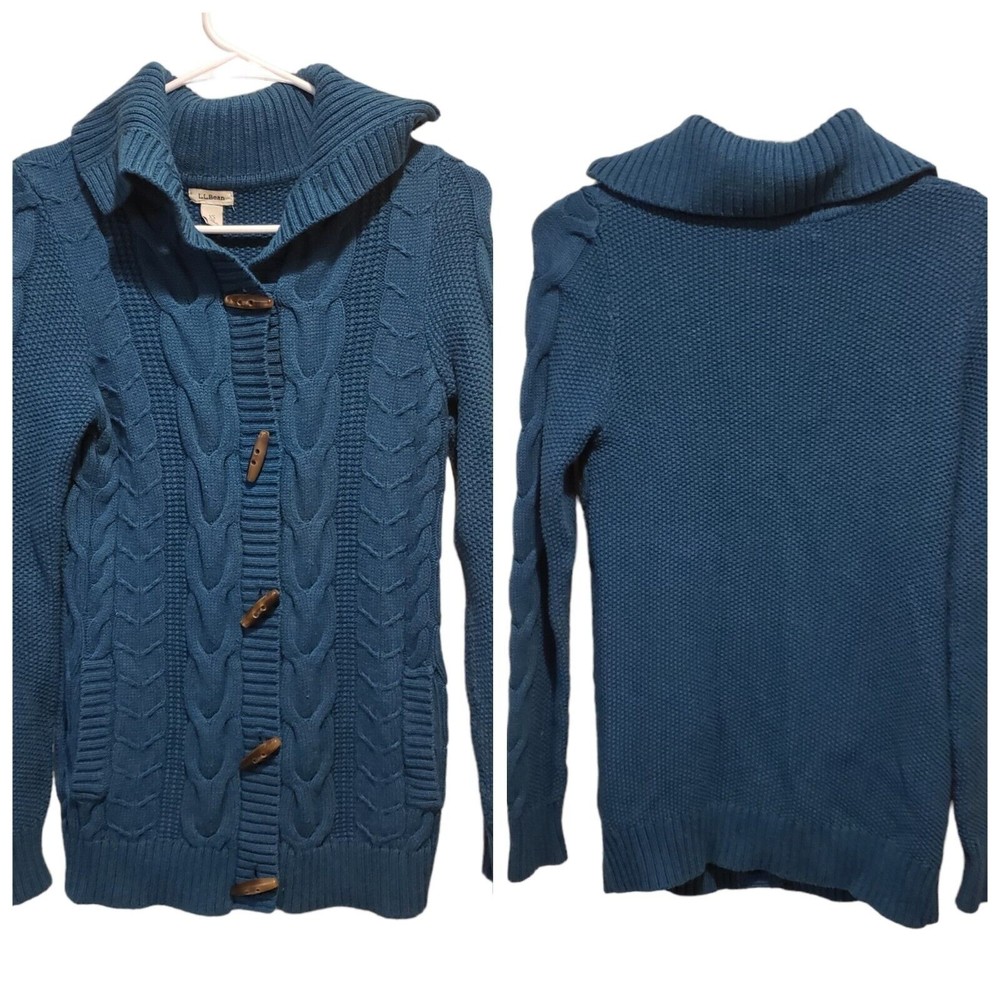 LL Bean Women's Teal Cotton Cable Knit Cardigan Sweater Size XS Button Front